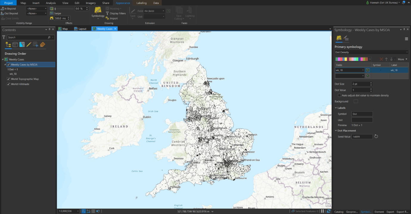 Weekly cases data from PHE and medium sized output area boundaries from the OS joined to one layer in ArcGIS Pro.