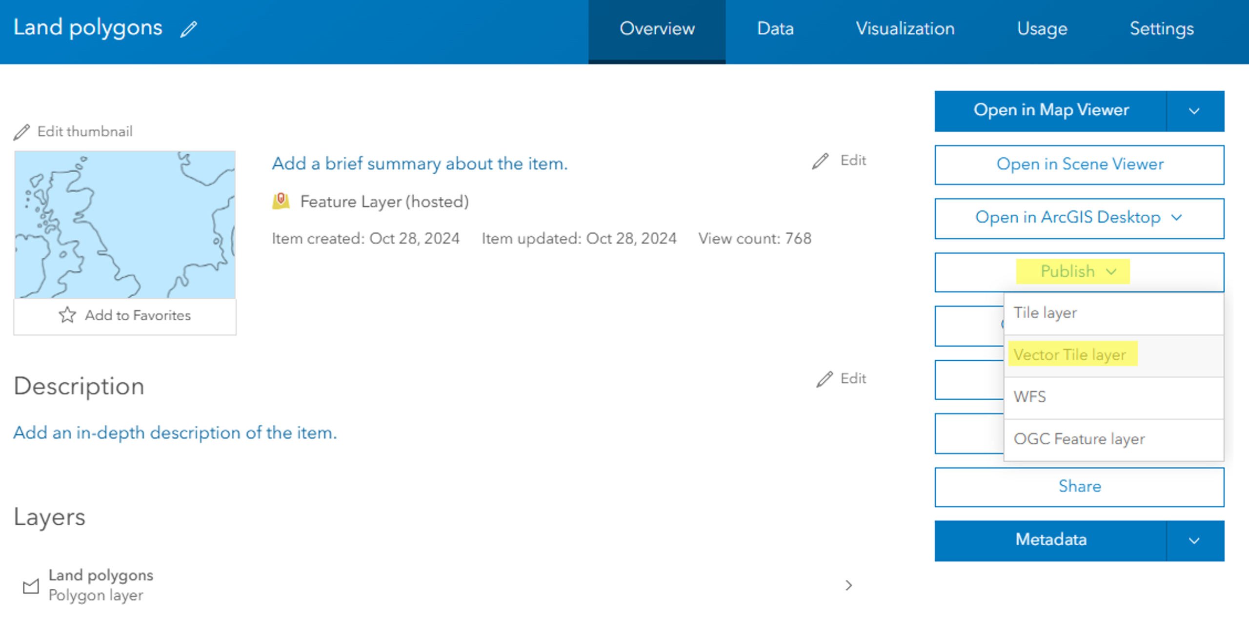 You can convert a feature layer in ArcGIS Online into Vector Tile layers from its Item Details page.