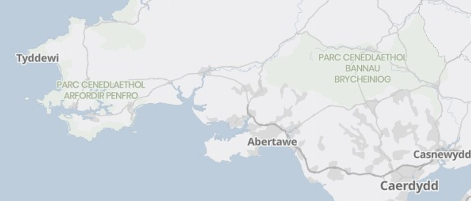 Local names basemap screenshot showing the new labelling of national parks in Wales.
