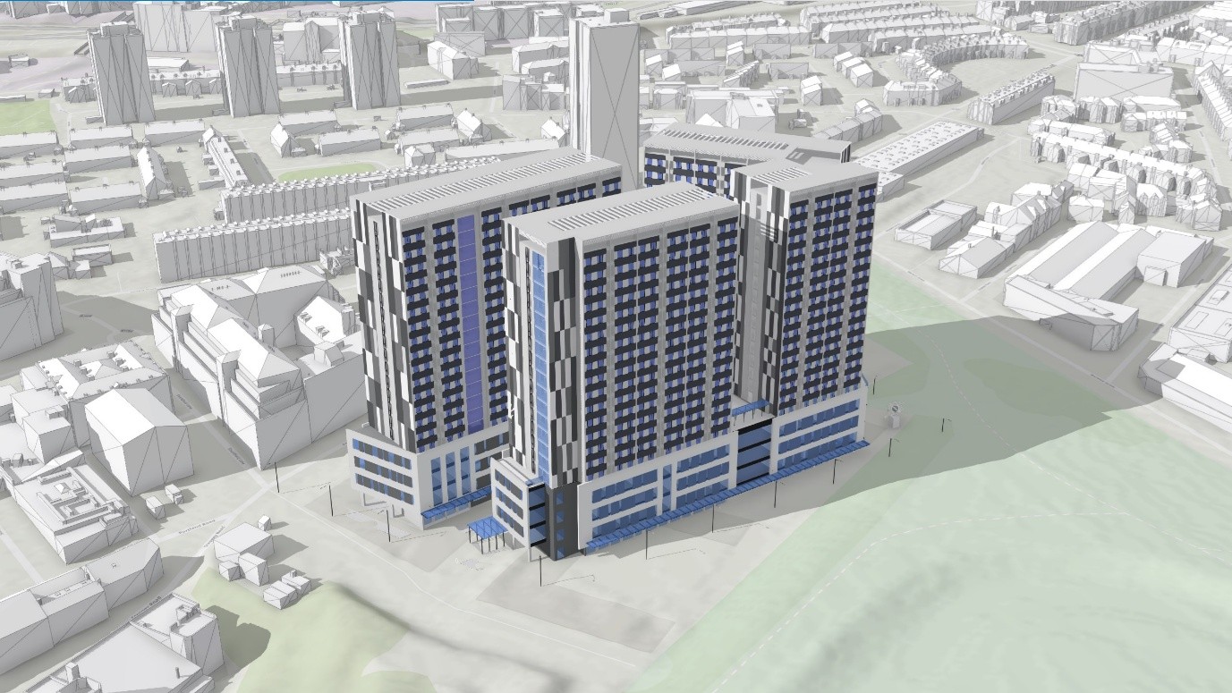 A detailed 3D model of abuilding 