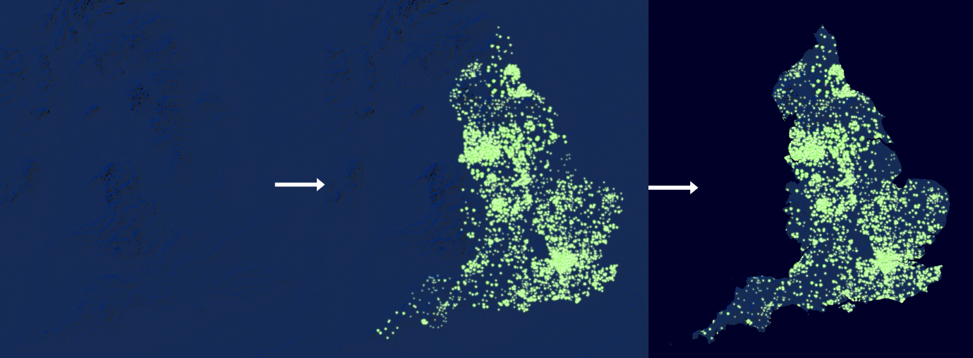 3 images side by side showing first the Hillshade basemap, then the basemap with week 18 data points and the final map with the England boundary mask added. Subconsciously, I seem to have created a visual that references a certain alien character from a famous toy film franchise.. anyone else?