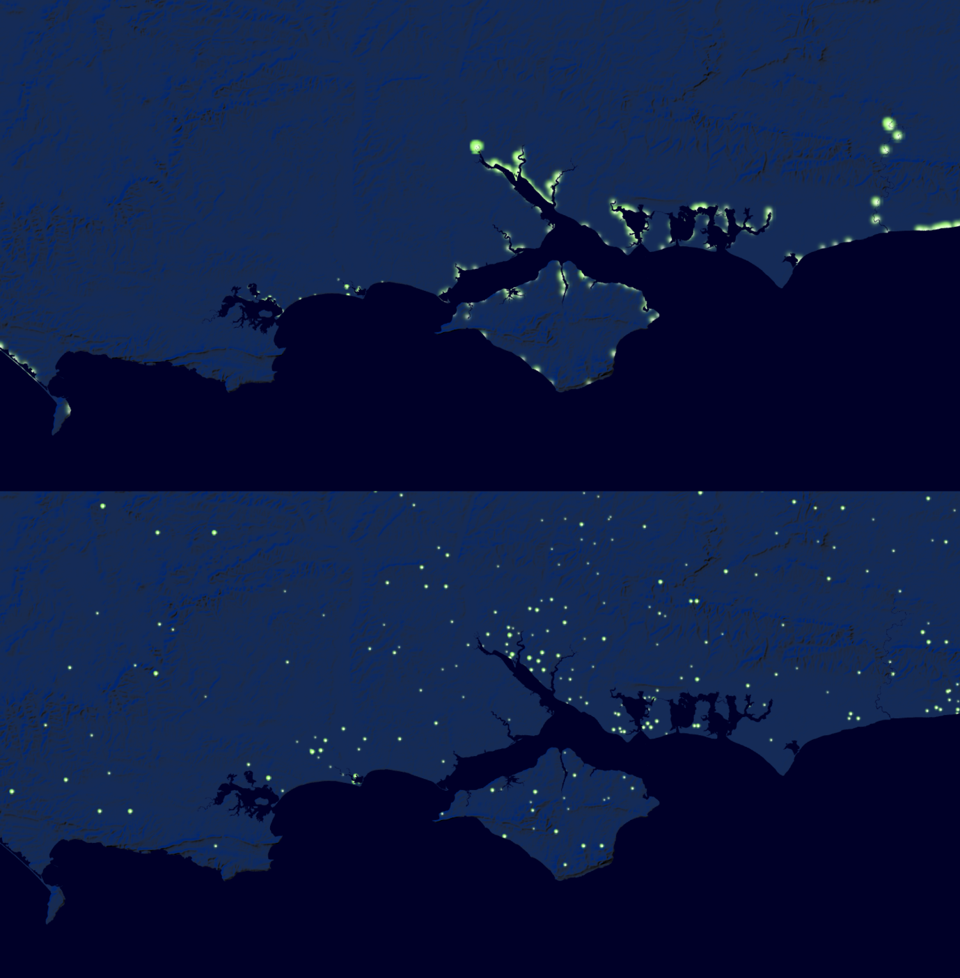 2 outputs showing positive COVID-19 cases for week 18 (w/c 27th April) in Isle of Wight/ Southampton area. Top image uses urban extent mask, bottom is without the mask. At this level, the impact of the mask is obvious, with points hugging the coastlines. Zoomed out, the impact is not as drastic.