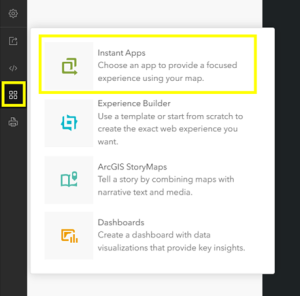 The app launcher option in Map Viewer being used to launch ArcGIS Instant Apps.