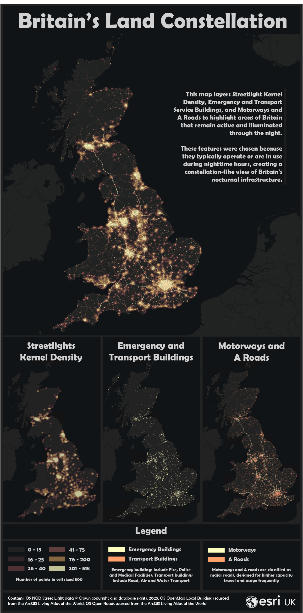 Britain's land constellation map, showing the distribution of street lights. With separate maps for emergency and transport buildings and for motorways and A roads.