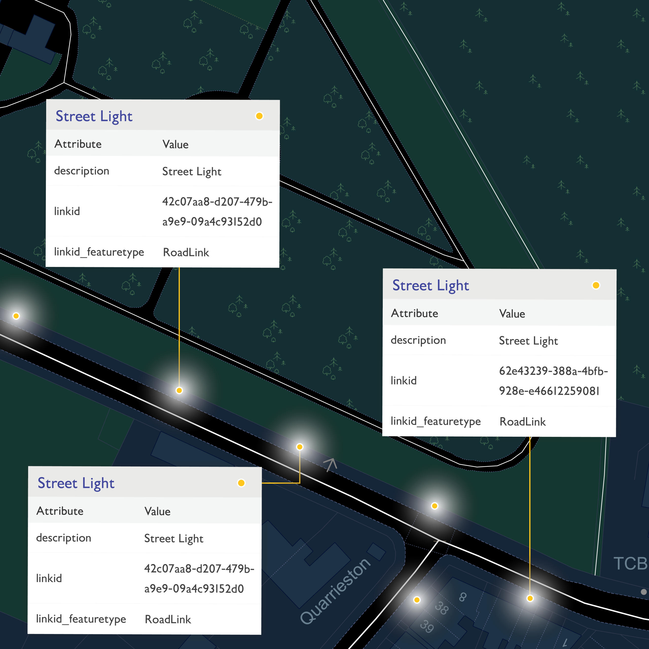 OS NGD street light point features and pop-ups, showing the key attributes.
