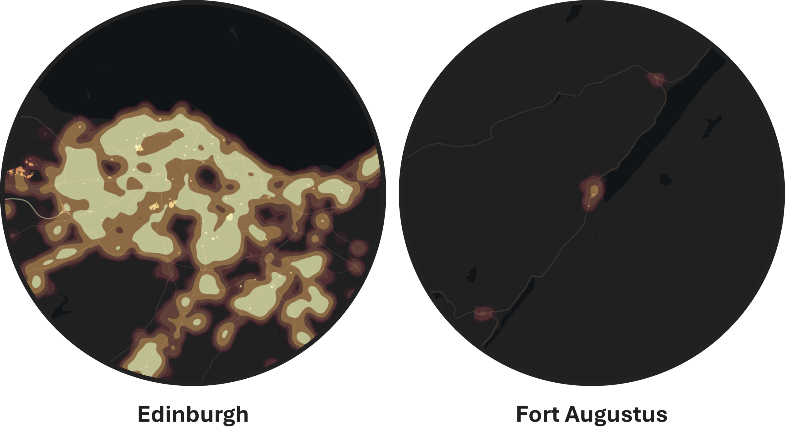 Contrasting views of street light density for Edinburgh and for Fort Augustus, in the Scottish Highlands.