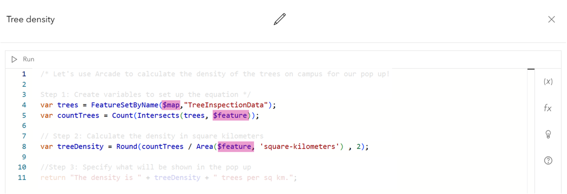 Image of Arcade code within the ArcGIS Online Map Viewer Expression Editor that shows calculating density of tree points within campus area polygons with the profile variables highlighted. 