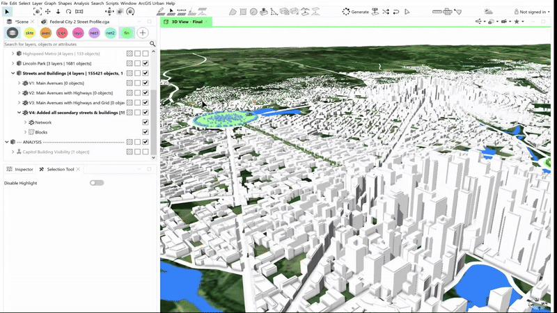 Gif showing 3D buildings and parks in ArcGIS CityEngine.