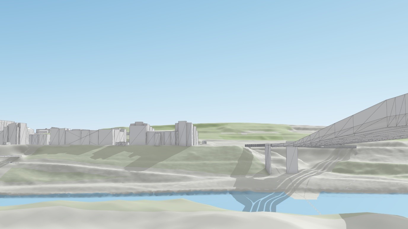 An elevation layer showing terrain of a riverside town