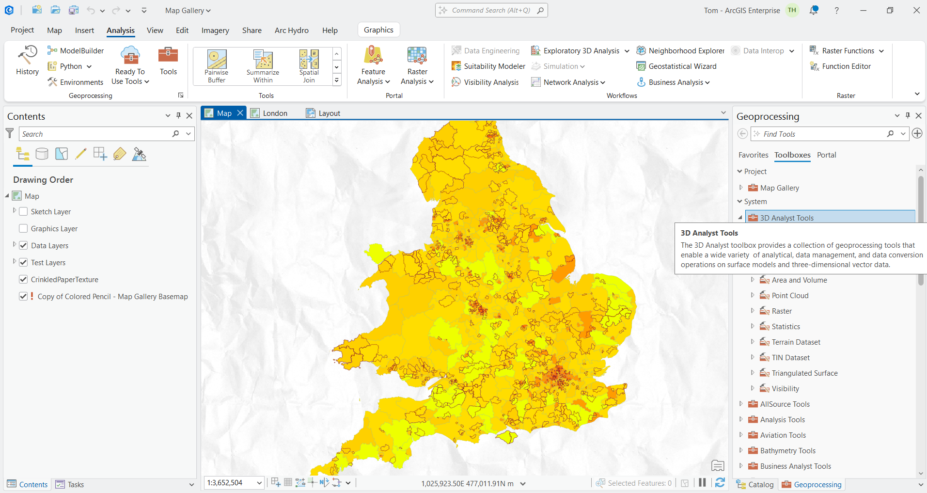 ArcGIS Pro with Advanced licence level toolboxes open.