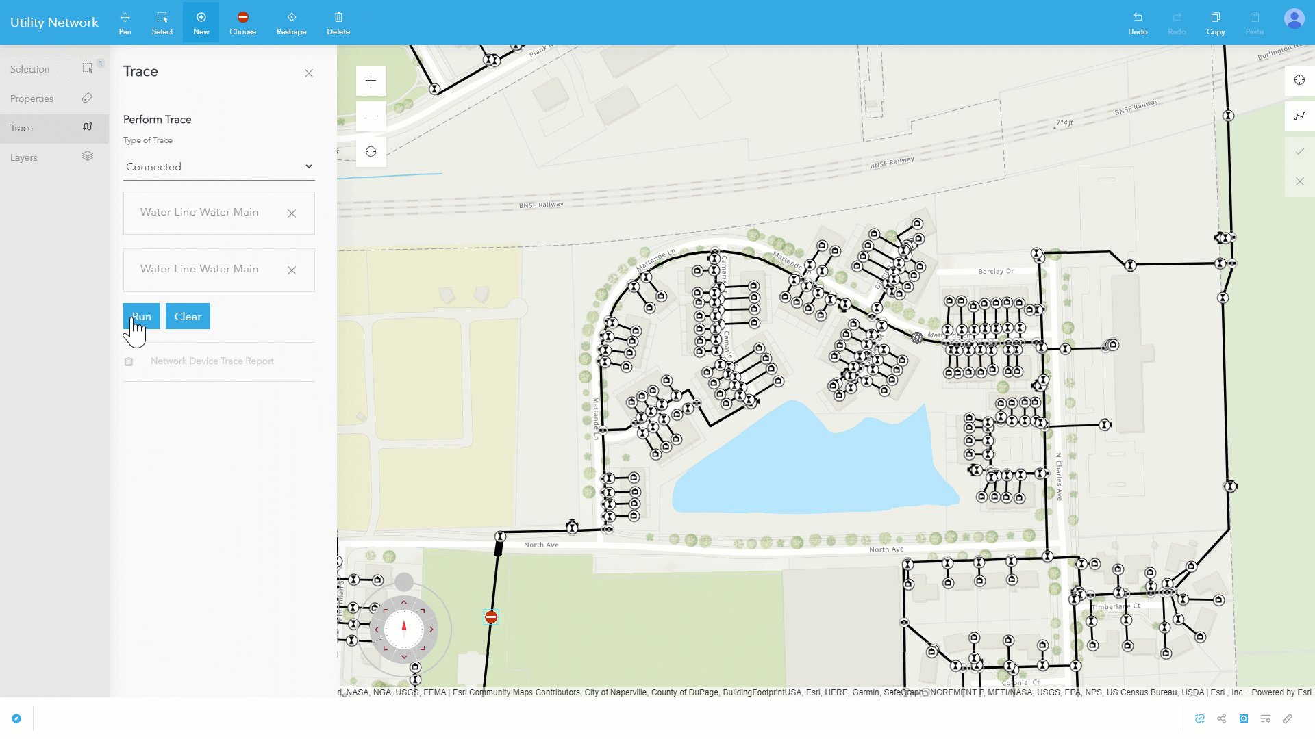 Image showing Trace and Trace Report in UNE for ArcGIS