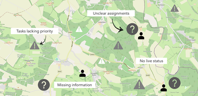 A map overlain with icons of people, warning signs and question marks 