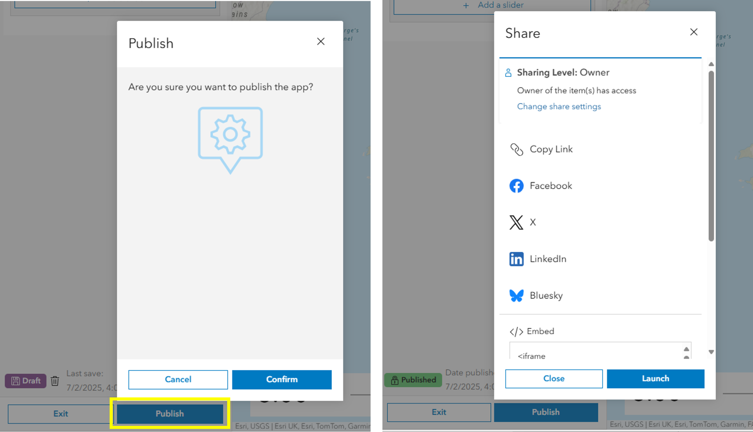 Options for publishing a configured ArcGIS Instant App.