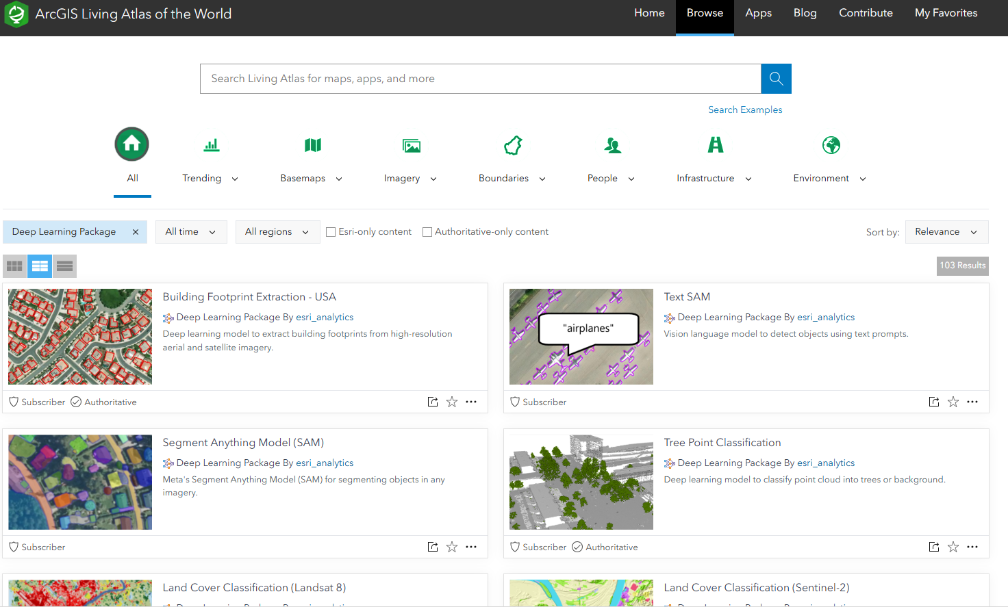 Browsing the ArcGIS Living Atlas of the World for "Deep Learning Packages".
