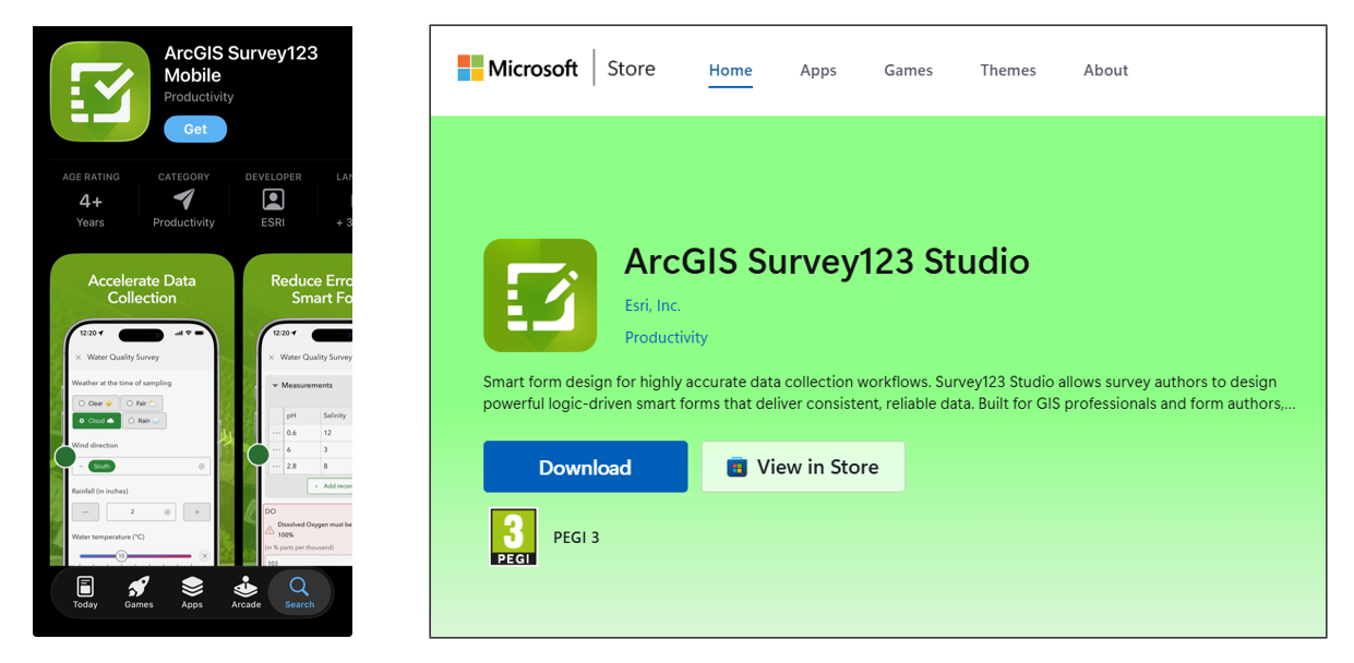 Screenshot of app store listings for Survey123 Mobile and Survey123 Studio,