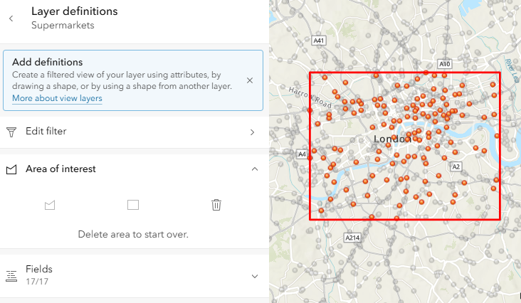 Screenshot showing the option to apply a geographic filter to a view layer in ArcGIS.