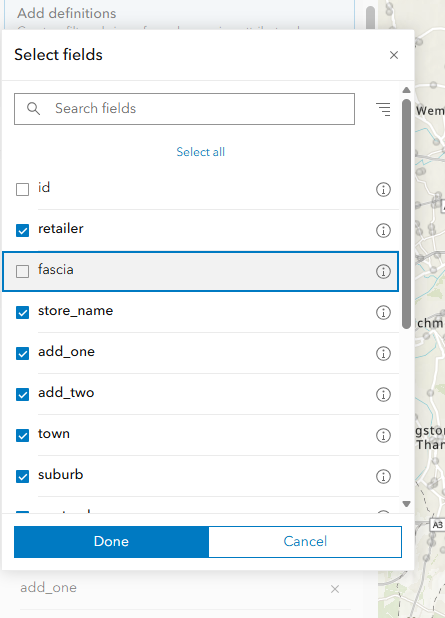 Screenshot showing the option to choose which fields are included in a view layer in ArcGIS.